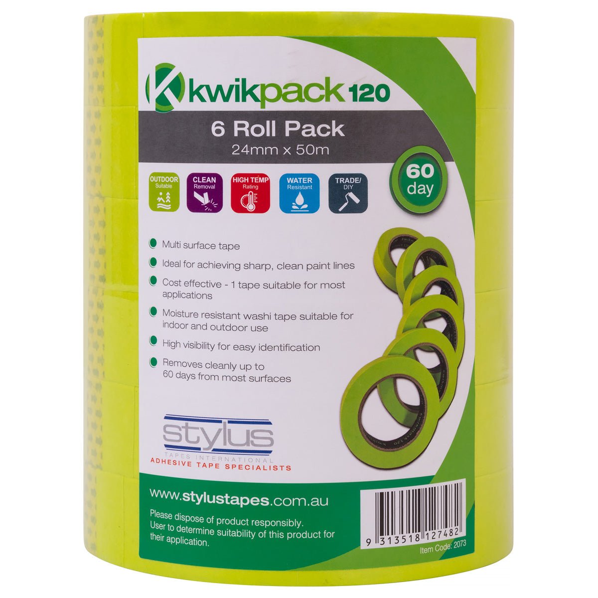 Kwikmask 120 Green 60 Day Washi Tape - 24MM X 50M - Tower Pack (6 Rolls) - Pack and Stick