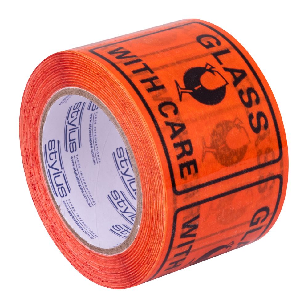 Stylus SP500 Printed Linerless Label Tape - GLASS WITH CARE - Black on Orange - 75mm X 50m - Pack and Stick